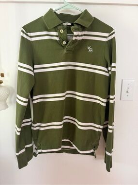 Abercrombie & Fitch Olive Green and White Striped Rugby Polo